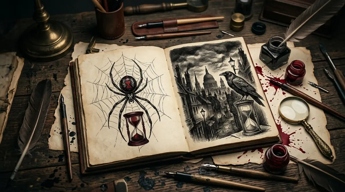 An open sketchbook with ink drawings of a black widow spider, an hourglass, a raven and Victorian London